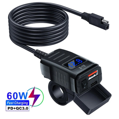 PD QC3.0 Motorcycle USB Fast Charger 60W – Dual USB Handlebar Socket with Switch & Voltmeter Waterproof 12V Power Adapter