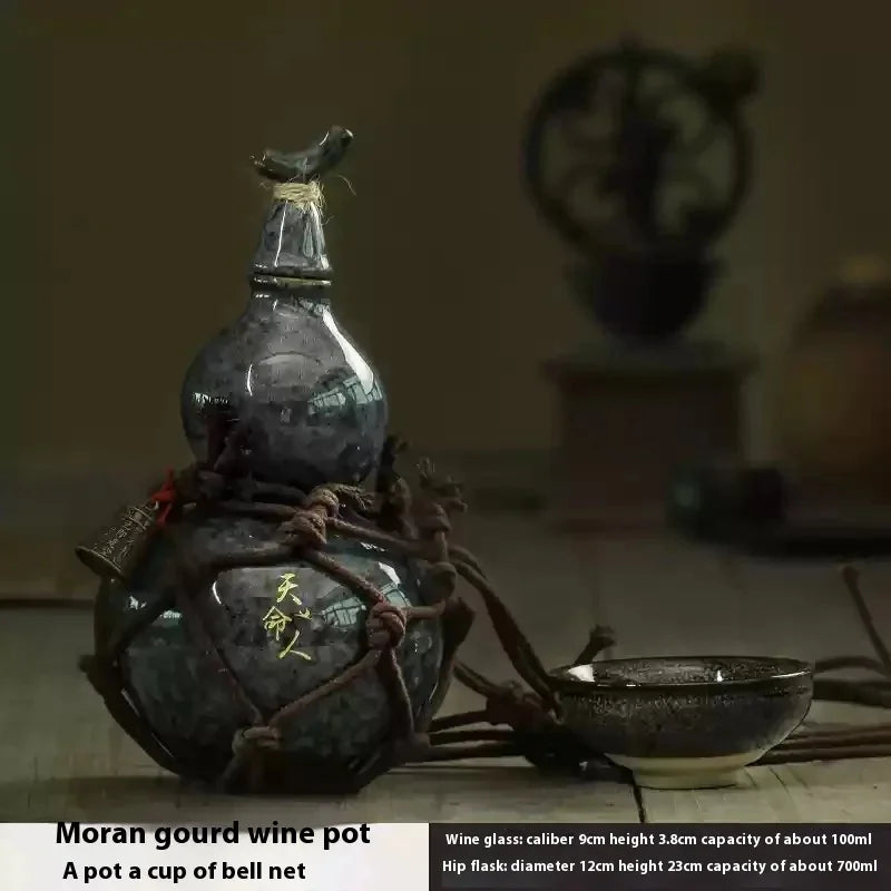 800ml Wukong Ceramic Gourd Cup - Ancient-Style Wine Gourd Set with Net Bag