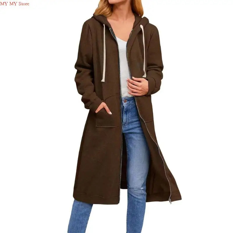 Women's Loose Fit Hooded Coat - Full Zip Long Sleeve Cotton Jacket with Pockets