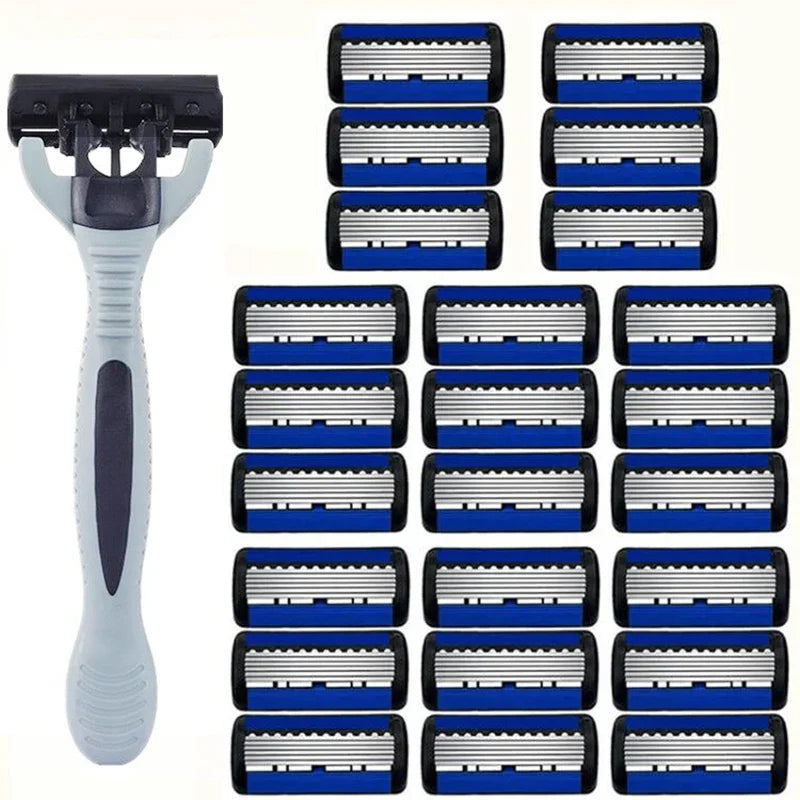 Men’s Manual Safety Razor – 6-Layer Stainless Steel Hair Removal Knife with Replaceable Heads and Razor Tools