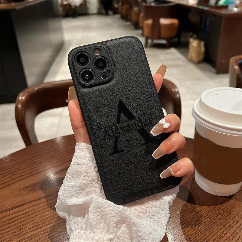 Personalized Custom Initials iPhone Case for 16/15/14/13/12/11 Pro Max Plus – Big Letter Laser Engraved Leather Cover