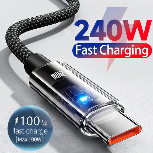 240W USB C Fast Charging Cable with LED Display for Samsung Xiaomi Huawei Honor – Nylon USB Type-C Charger Data Cord
