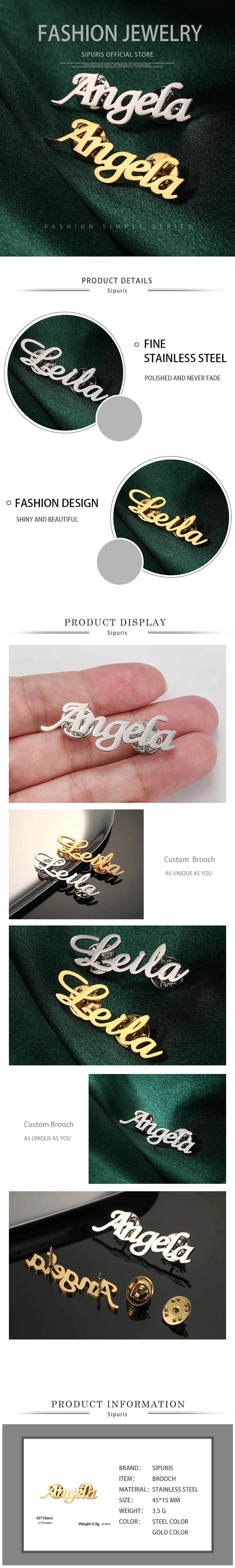 Sipuris Custom Name Brooch - Stainless Steel Trendy Pins for Women & Men, Nameplate Jewelry, Valentine's Day Gift