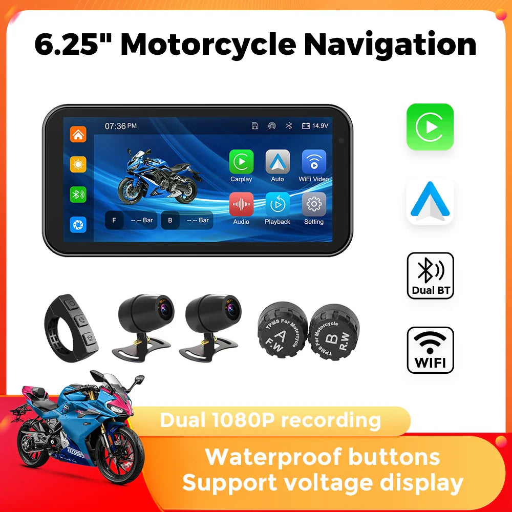 Portable 6.25-Inch Motorcycle GPS Navigation with Wireless CarPlay & Android Auto – IP67 Waterproof, DVR Drive Recorder, WIFI Moto Monitor