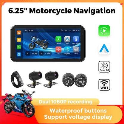 Portable 6.25-Inch Motorcycle GPS Navigation with Wireless CarPlay & Android Auto – IP67 Waterproof, DVR Drive Recorder, WIFI Moto Monitor