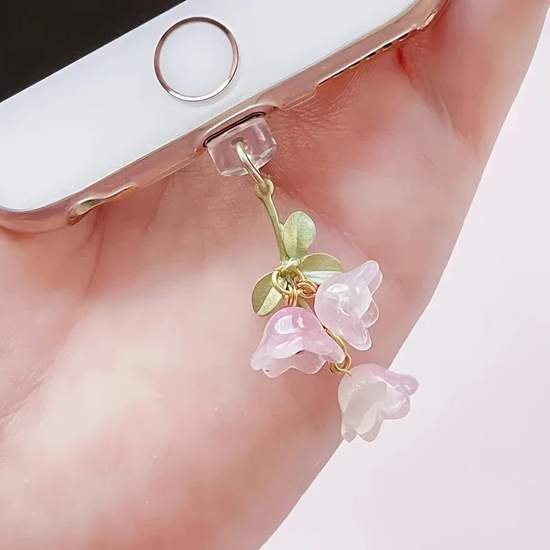 Pink Lily Flower Phone Charm - Cute Green Leaf Dust Plug Accessory for iPhone & Type-C Charging Ports