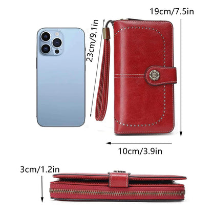 Vintage Large Capacity Women's Purse – Monochromatic Multi-Card Long Wallet with Zipper & Wrist Strap