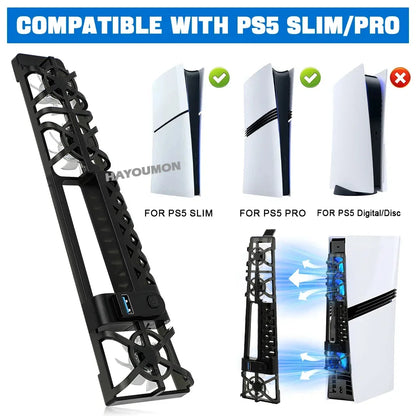 PS5 Slim / Pro Cooling Fan Stand with LED Lights – 3-Level USB 3.0 Hub Cooling System with Dust Cover Net for PS5 Console