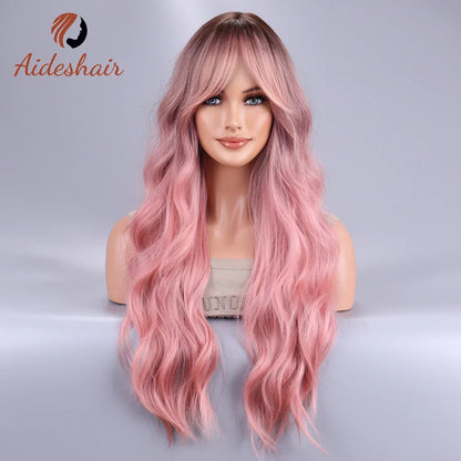 Long Body Wave Ombre Black Pink Cosplay Wigs: Heat Resistant Synthetic Wigs with Middle Part - Natural Lolita Wigs for Women