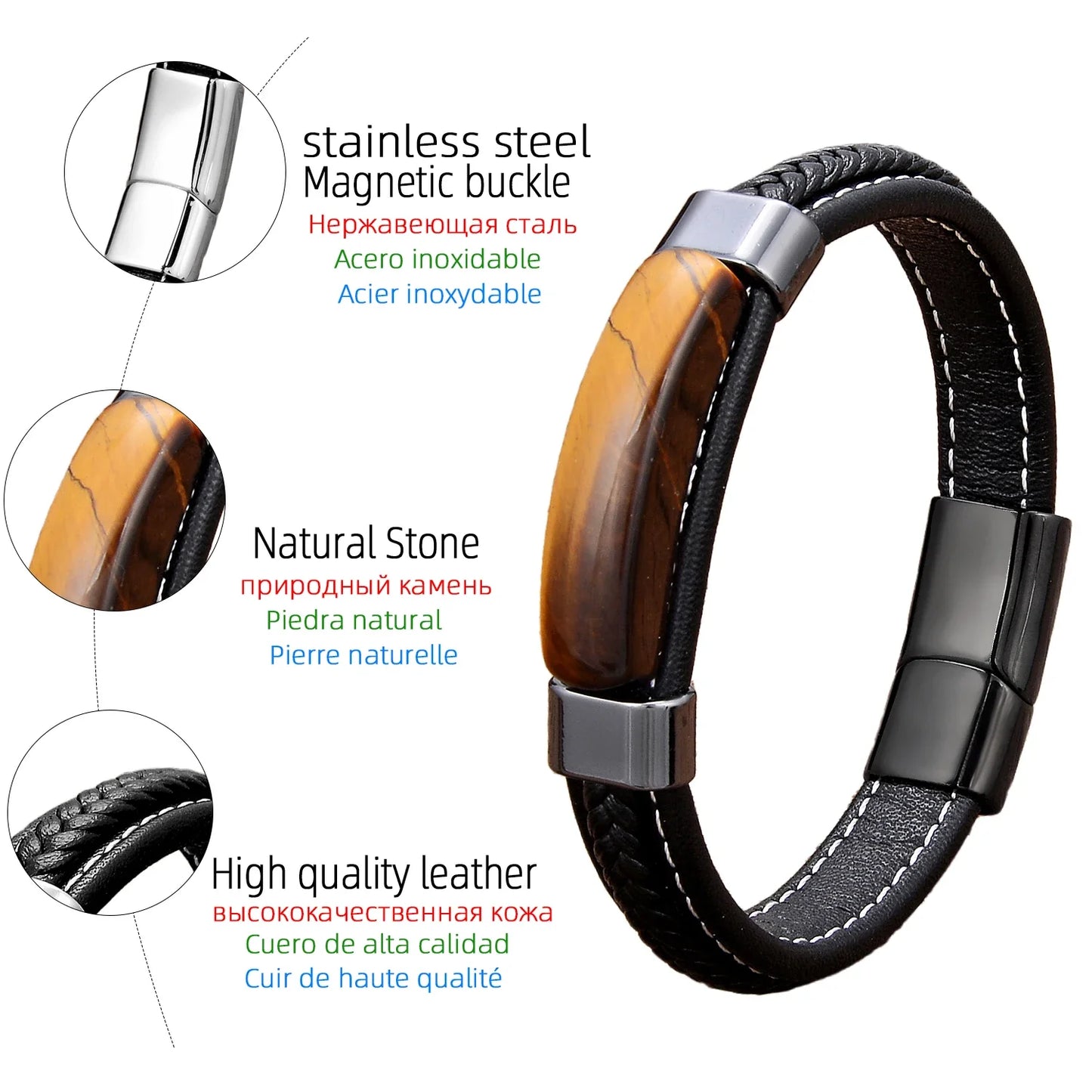 Natural Hematite & Pink Tiger Eye Stone Bracelet – Handmade Braided Leather Men’s Jewelry Bangle 2022