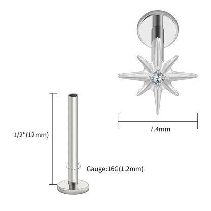 Right Grand ASTM F136 Titanium CZ North Star 16G Flat Back Earring – Tiny Starburst Helix, Cartilage & Earlobe Stud Piercing Jewelry