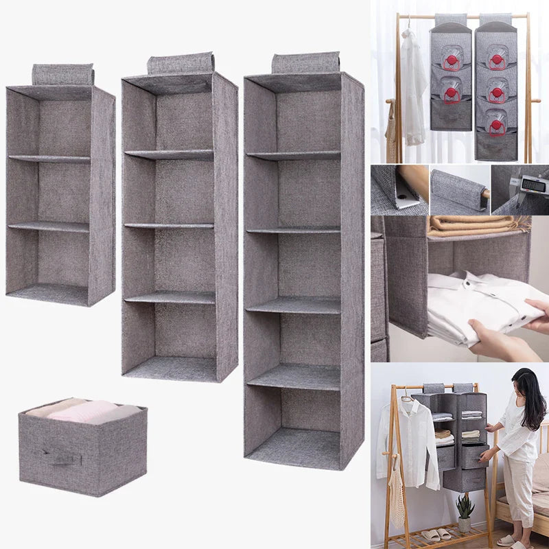 Cotton Linen Hanging Storage Bag with Drawers — Collapsible Wardrobe Organizer Box and Clothes Holder Shelves