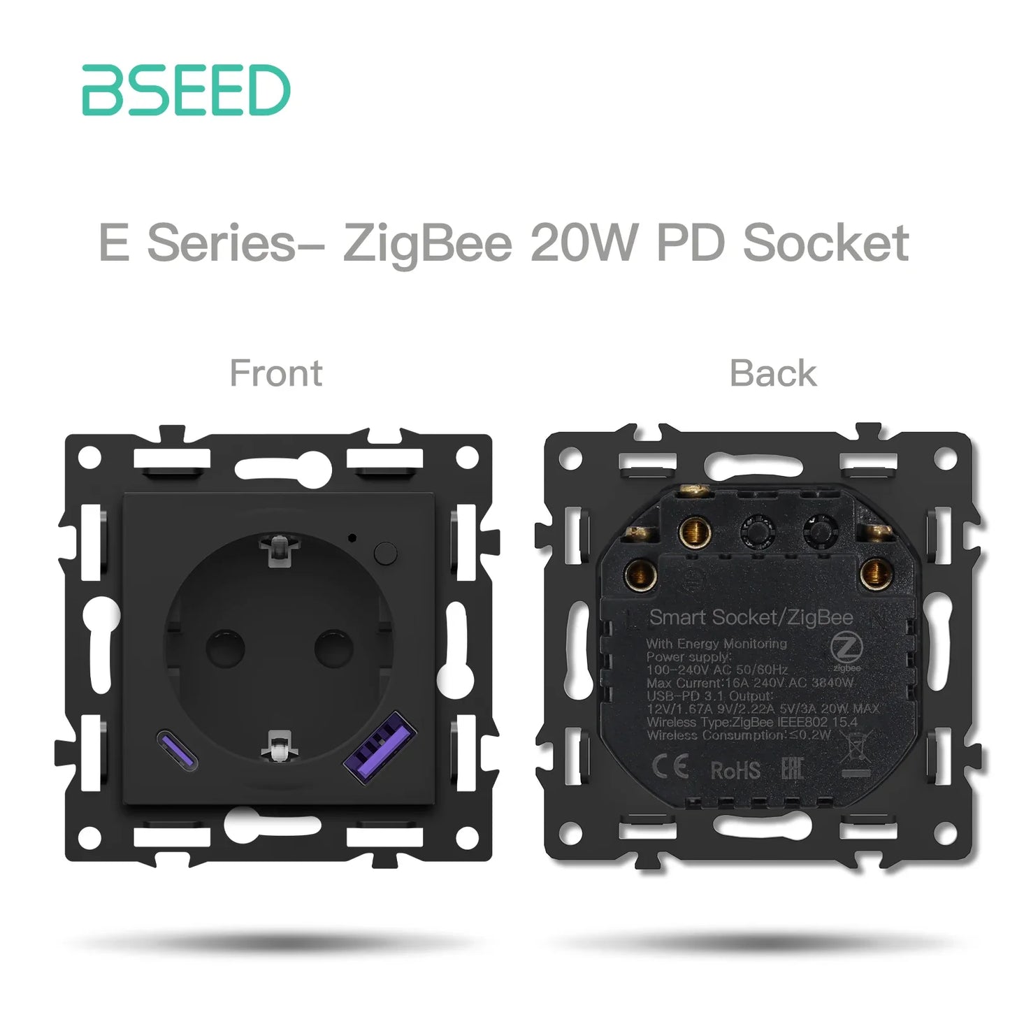 BSEED Zigbee Smart Wall Switch Parts – EU Power Outlet & Glass Frame DIY Combo