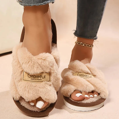Women’s Plush Fuzzy Slippers - Warm Open-Toe Indoor EVA Home Slides