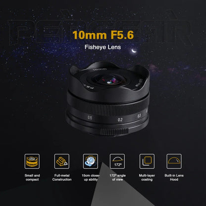 PERGEAR 10mm F5.6 APS-C Fisheye Manual Focus Prime Lens — Ultra-Wide for Fuji XF, M43, Sony E, Canon EOS M Mirrorless Cameras