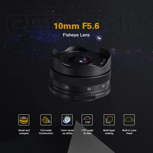 PERGEAR 10mm F5.6 APS-C Fisheye Manual Focus Prime Lens — Ultra-Wide for Fuji XF, M43, Sony E, Canon EOS M Mirrorless Cameras