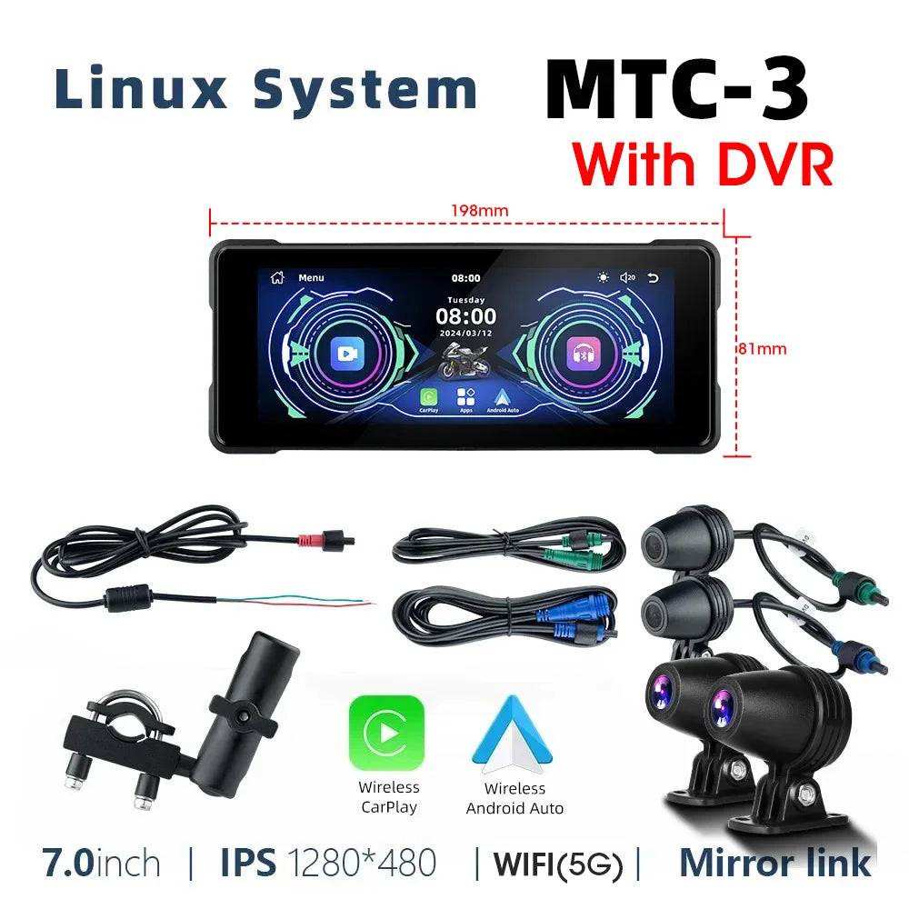 7-Inch Motorcycle GPS Navigation with Wireless Apple CarPlay & Android Auto – Waterproof Touchscreen Display, BT Connectivity, IPX7