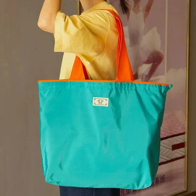 Large Reusable Shopping Bag - Portable Waterproof Oxford Fabric with Drawstring, Foldable Organizer Storage Shopper Handbag