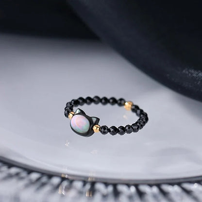 Cute Cat Beaded Rings - Handmade Black & White Stone Couple Rings for Women & Men Korean Fashion Lovers Friends Jewelry Gift