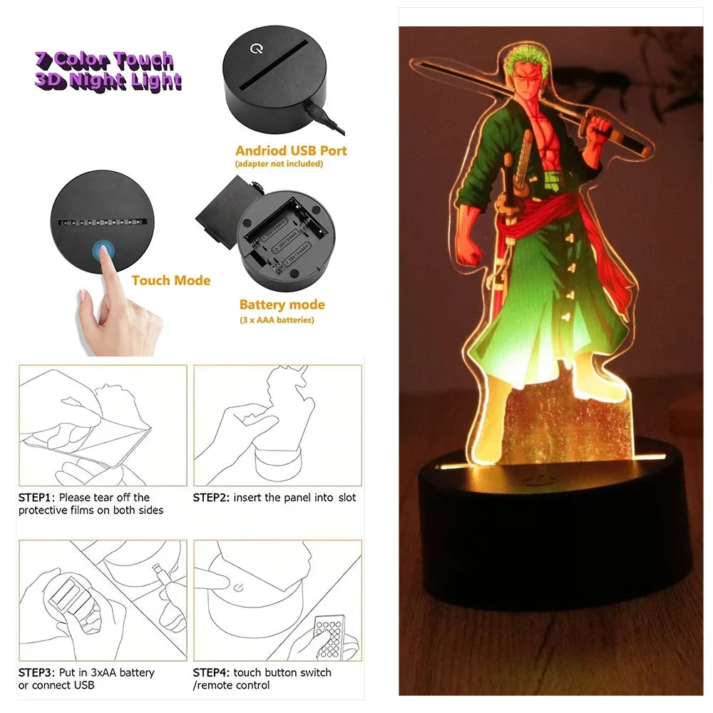 One Piece Luffy Zoro Action Figures 3D LED Lamp – Anime PVC Model Toy Night Light for Kids & Christmas Gift