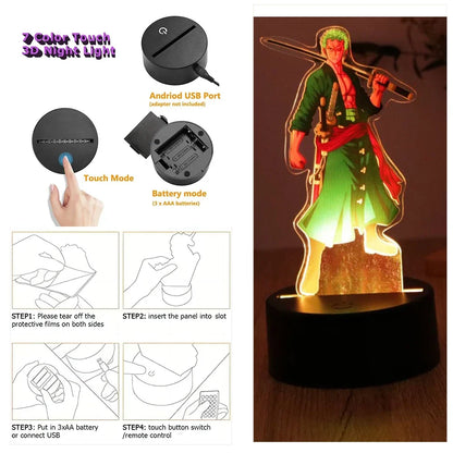 One Piece Luffy Zoro Action Figures 3D LED Lamp – Anime PVC Model Toy Night Light for Kids & Christmas Gift