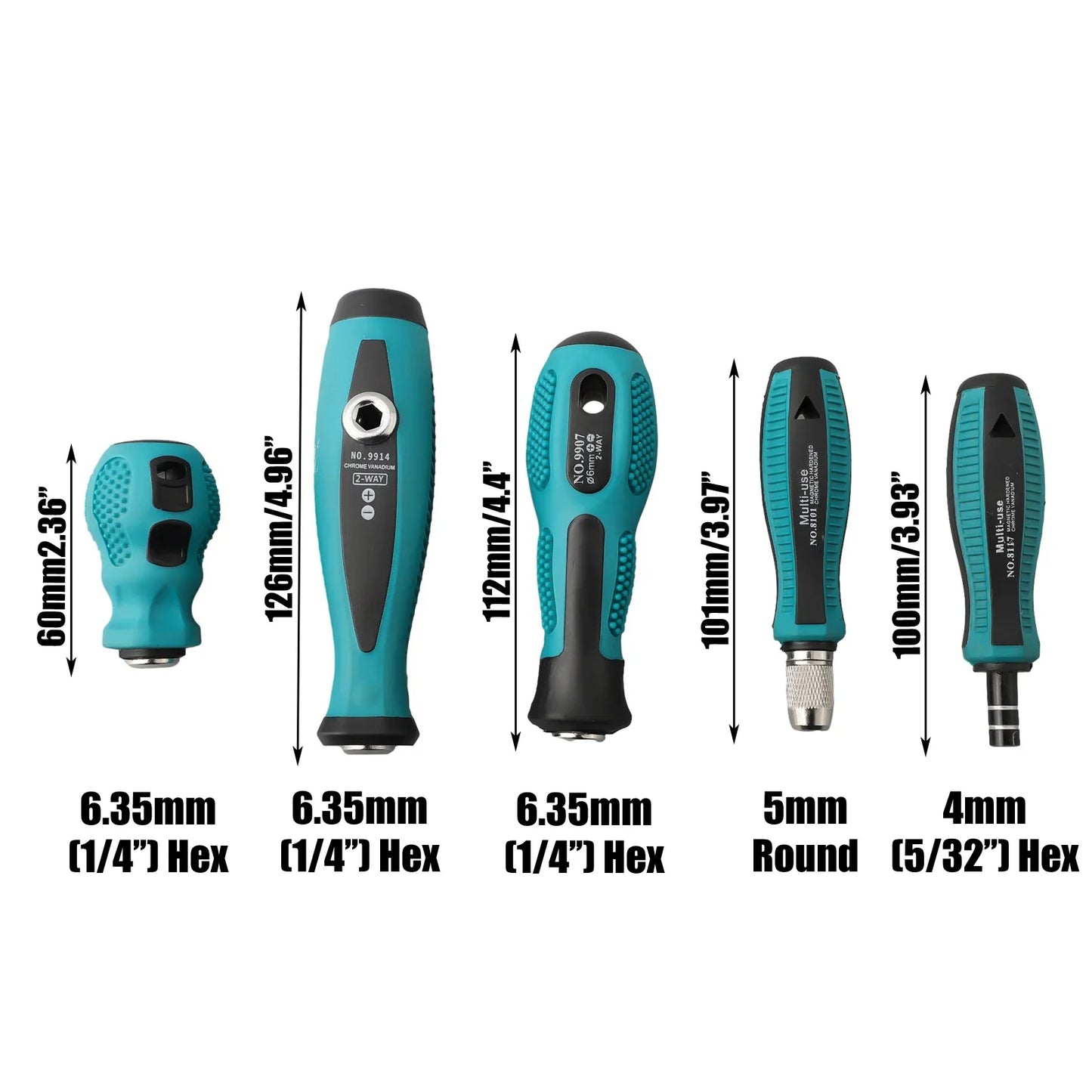 Multi-Purpose Screwdriver Bit Handle with 4mm, 5mm & 6.35mm Hex Adapter