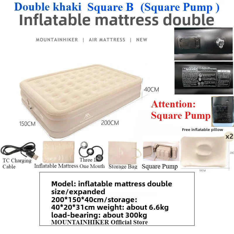 MOUNTAINHIKER 2025 Inflatable Air Mattress – PVC Glamping Sleeping Mat with Built-in Pump for 1-3 Persons