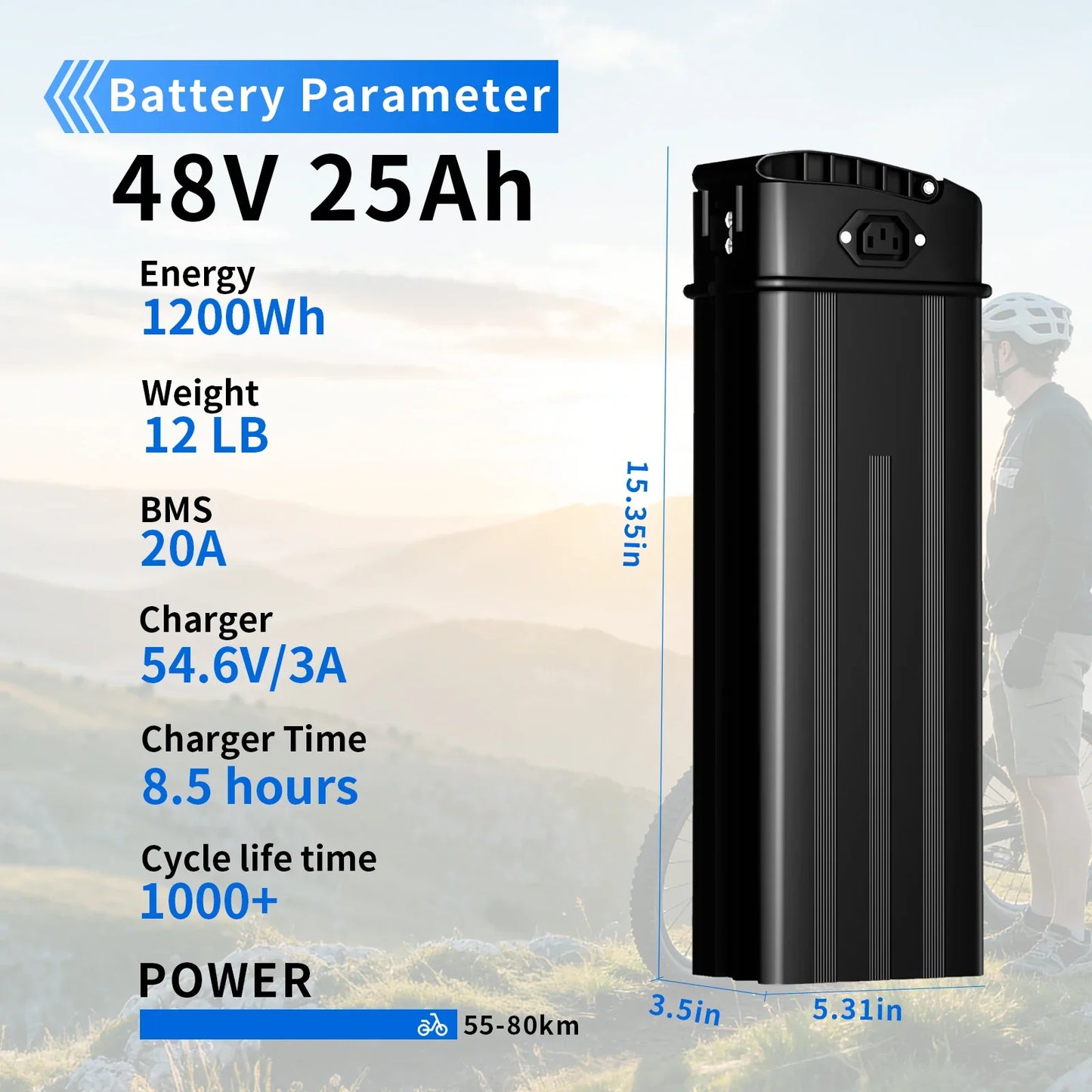 48V E-Bike Battery - 12Ah–25Ah Rechargeable Battery with 3A Charger & Safety Lock