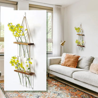 2-Layer Glass Planter Plant Terrarium with Wooden Stand - Wall Hanging Test Tube Vase