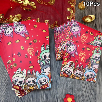 10pcs Labubu Chinese New Year Red Packets - Cute Animated Spring Festival Envelopes for Kids' Lucky Money & Wedding Gifts