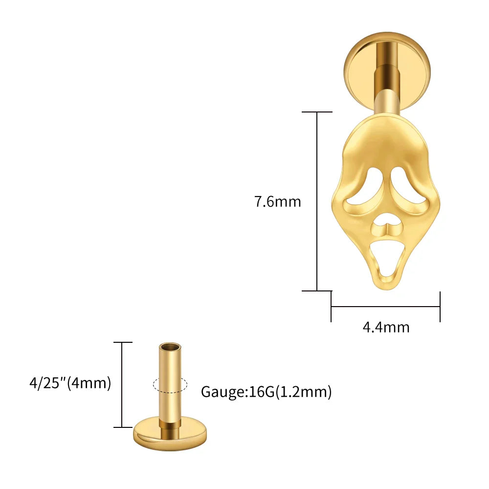 Right Grand ASTM F136 Titanium 16G Ghost Face Flat Back Earring – Halloween CZ Cartilage Stud for Helix, Labret & Nose Piercing Jewelry
