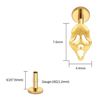 Right Grand ASTM F136 Titanium 16G Ghost Face Flat Back Earring – Halloween CZ Cartilage Stud for Helix, Labret & Nose Piercing Jewelry