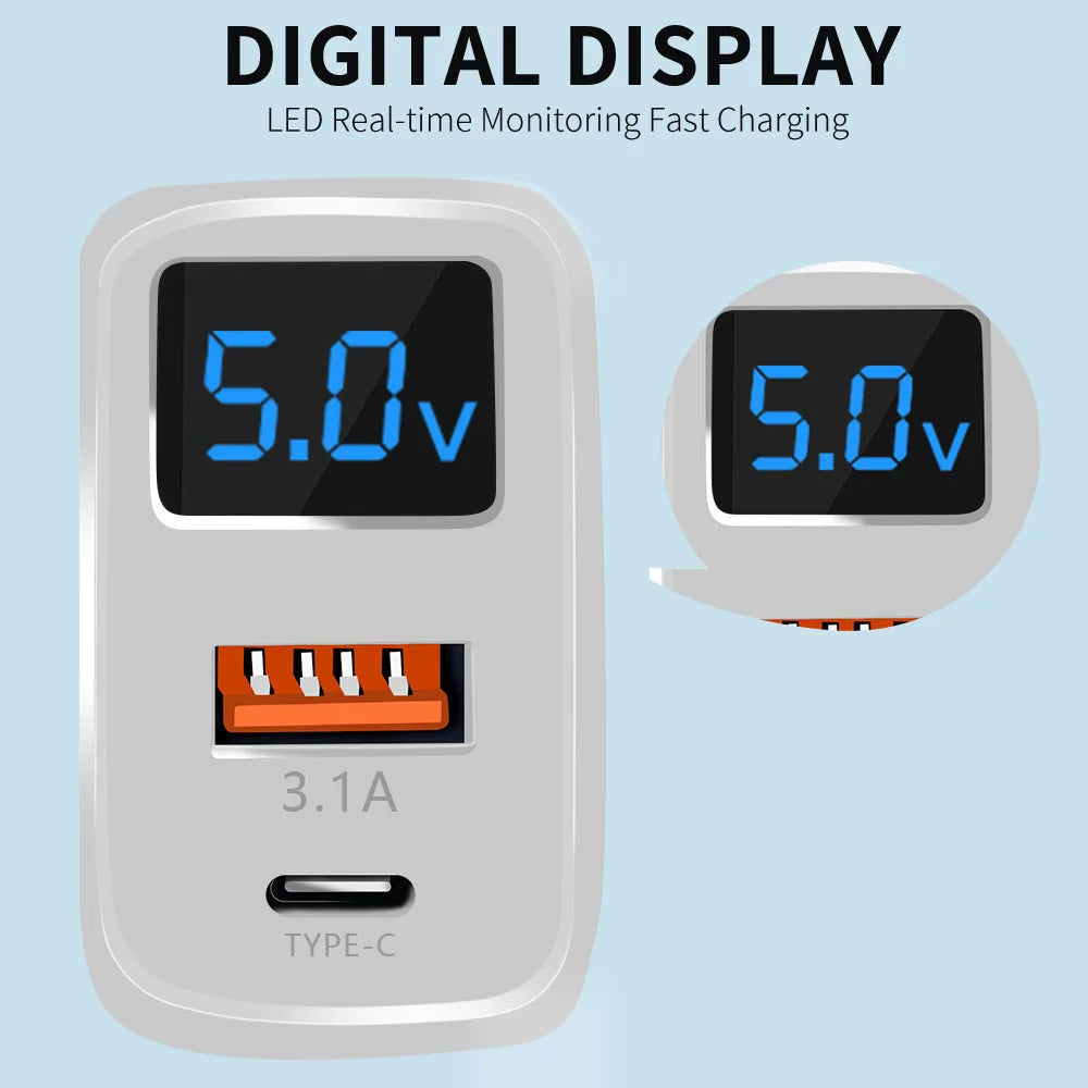 20W USB-C PD Fast Charger with Digital Display - Type C Wall Charging Adapter for iPhone, Samsung, Xiaomi, Huawei