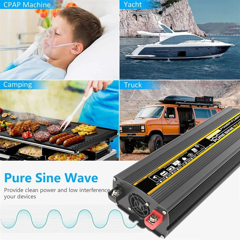 3000W-8000W Pure Sine Wave Power Inverter — DC 12V to AC 220V with Digital Display