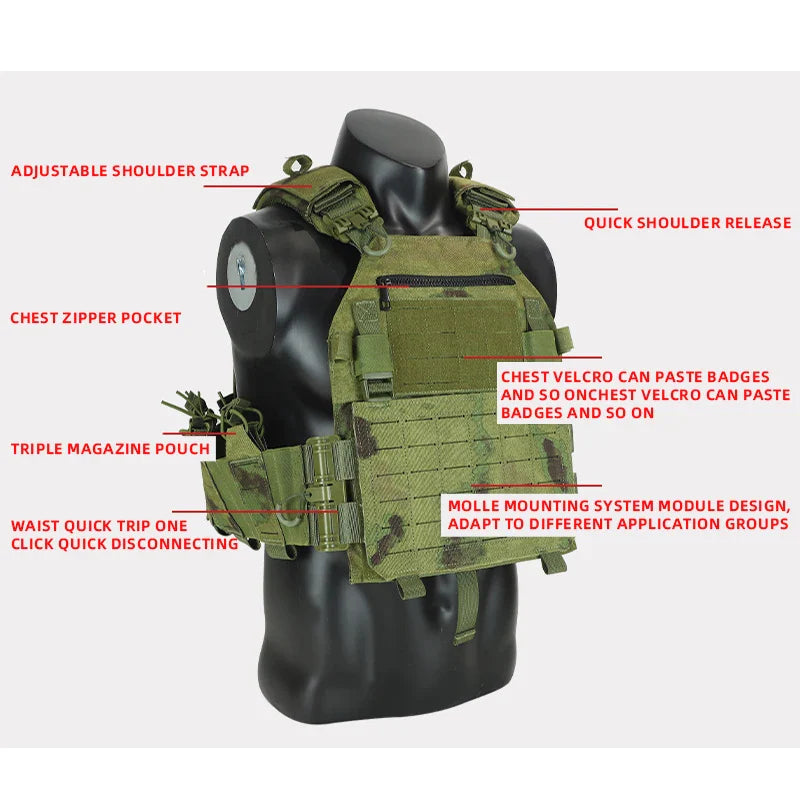 New Combat Vest 6094 – Lightweight Quick Release Laser Cut Tactical Gear for Hunting, Black Tactical Vest