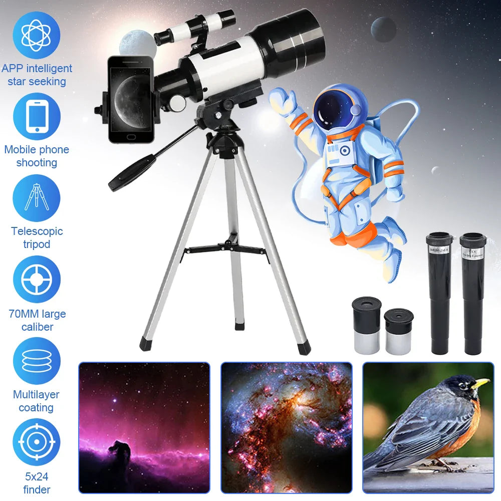 150X Astronomical Telescope – 70mm Refractor Portable Travel Scope with Phone Adapter & Wireless Remote
