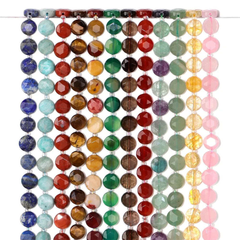 10mm Natural Gemstone Beads - Flat Round Faceted Crystal Jade Loose Beads for DIY Necklace & Bracelet Jewelry Making