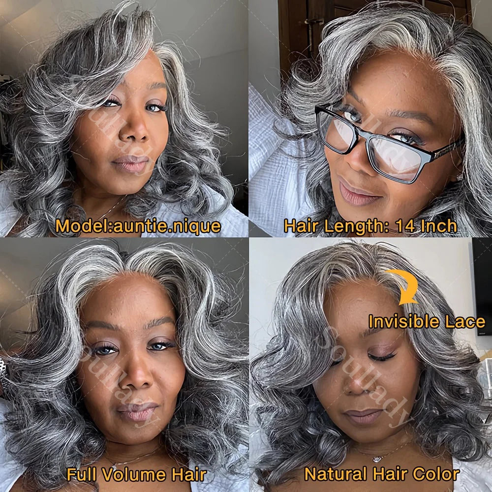 Soul Lady Salt & Pepper 5x5 Glueless HD Lace Closure Wig – Body Wave Bob, Silver Grey Loose Wave Human Hair for Black Women