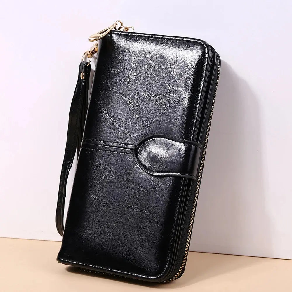 Women’s Vintage PU Leather Clutch Wallet — Large Capacity Phone Purse with Wristband, Simple Card Holder Pouch Bag