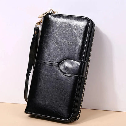 Women’s Vintage PU Leather Clutch Wallet — Large Capacity Phone Purse with Wristband, Simple Card Holder Pouch Bag