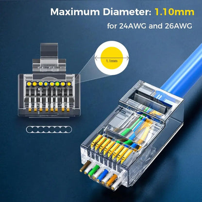 ZoeRax RJ45 Cat6 Pass-Through Connectors — 50/100/200PCS Modular Plugs 1.1mm | Solid & Stranded FTP/STP Cable