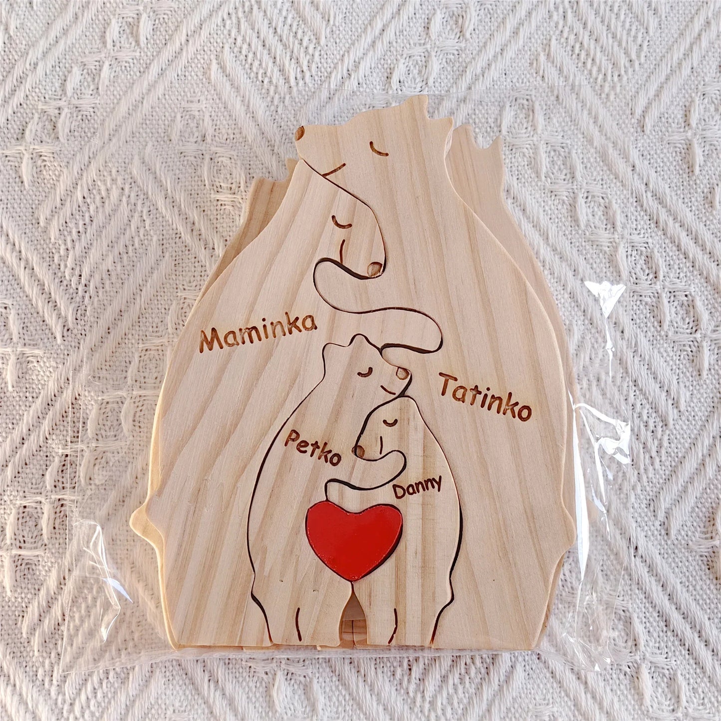 Personalized Wooden Bear Family Puzzle – Custom Name Home Decor, Thanksgiving & Christmas Gift for Mom & Baby