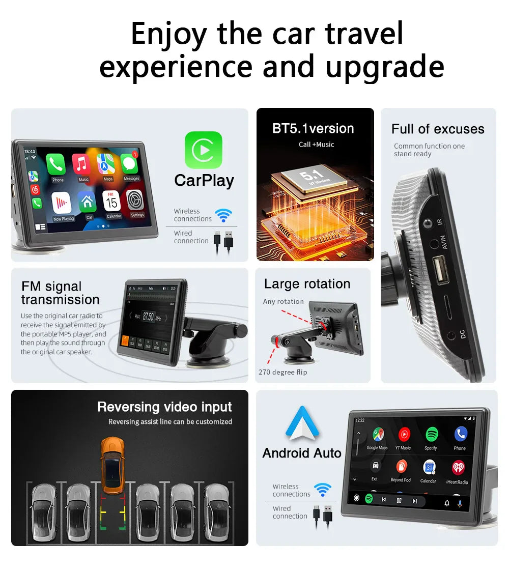 Universal 7-Inch Car Radio Multimedia Player – Wireless CarPlay & Android Auto Touchscreen with Sun Visor B500