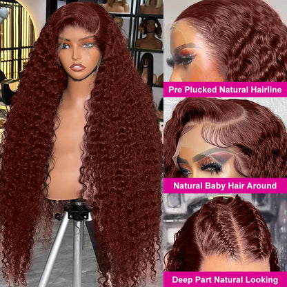30–40 Inch Reddish Brown Human Hair Wig – 13x6/13x4/13x7 HD Lace Frontal, 250% Density Colored Deep Wave Curly Wig