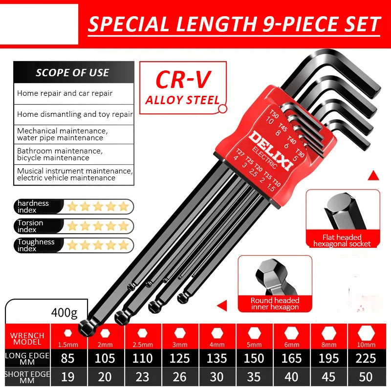 DELIXI ELECTRIC Allen Key Set - Metric Hex Wrench Screwdriver Kit with Long Torque Handles for Motorcycles & Bicycles