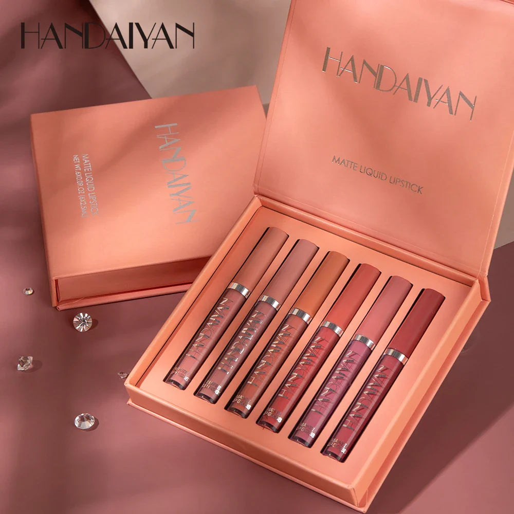 HANDAIYAN 6-Piece Matte Liquid Lipstick Set – Long-Lasting, Non-Stick Cup Lip Gloss Gift Box
