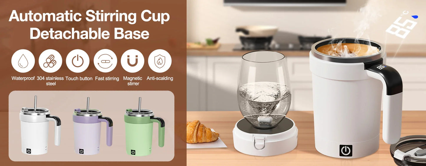 Automatic Rechargeable Electric Coffee Cup Stirrer – Stainless Steel Magnetic Self-Stirring Mug with Detachable Base