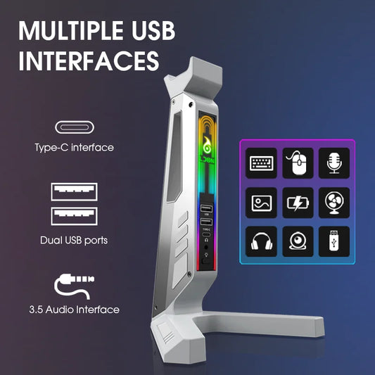 RGB Gaming Headset Stand – LED USB Charging Dock with Sound-Activated Lights & 11 Modes