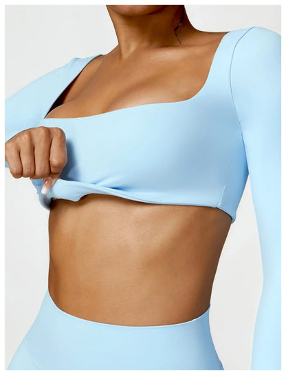 Hearuisavy 2PCS Long Sleeve Gym Set for Women, Quick-Drying Yoga Clothes, Sportswear, Running Leggings, Workout Sports Crop Top
