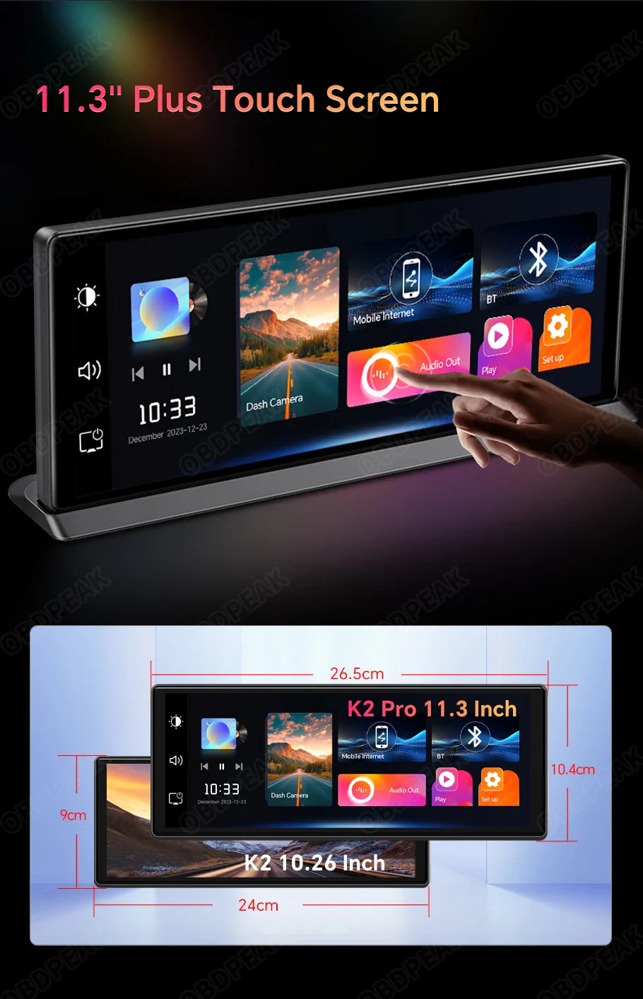 K2 Pro 11.3" 4K Dash Cam — Car DVR with Wireless CarPlay, Android Auto, 5G WiFi & GPS Navigation